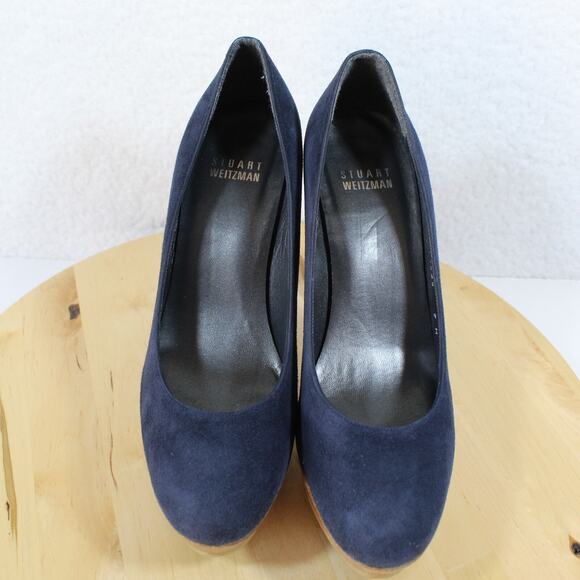 Stuart Weitzman Suede Pumps Womens Size 7 Blue Classic Heels Platform Wood - Picture 2 of 11